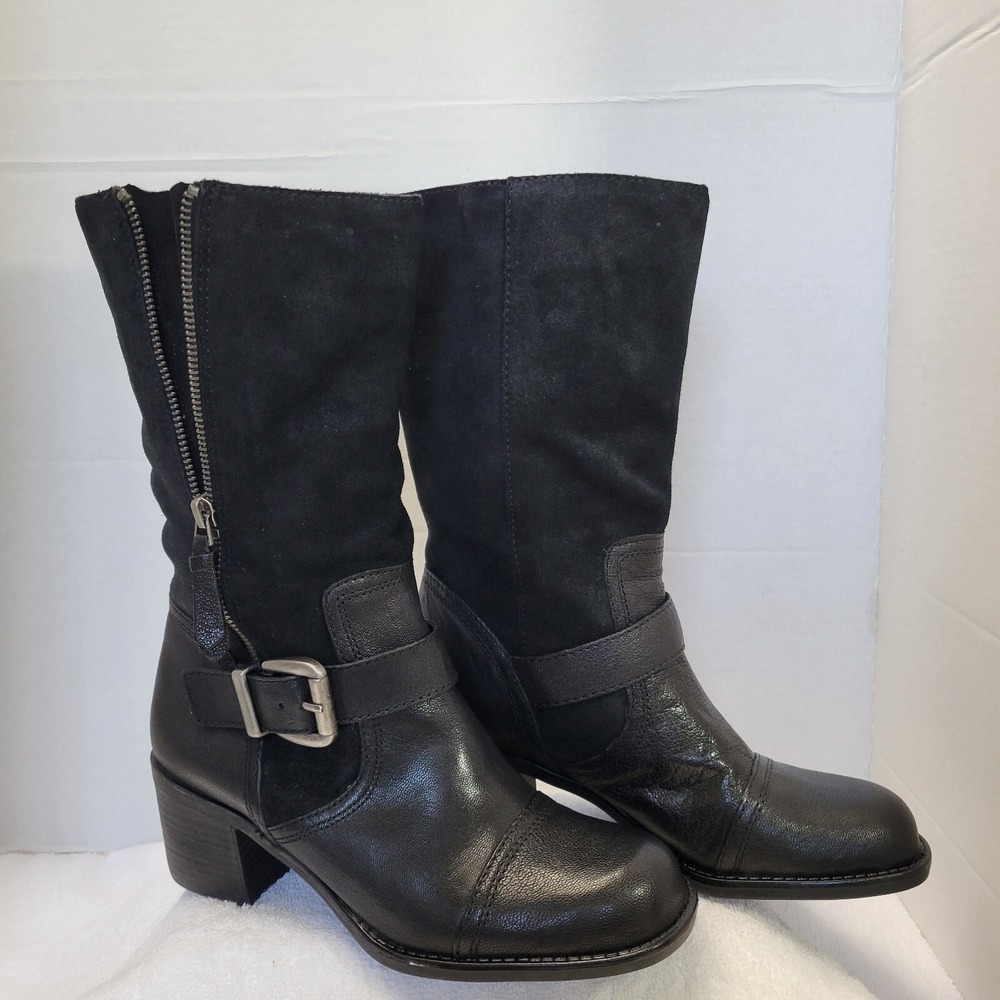Franco Sarto Boots Womens 7.5 M Black Leather Mid Calf Zip UP Moto Zip Up Biker